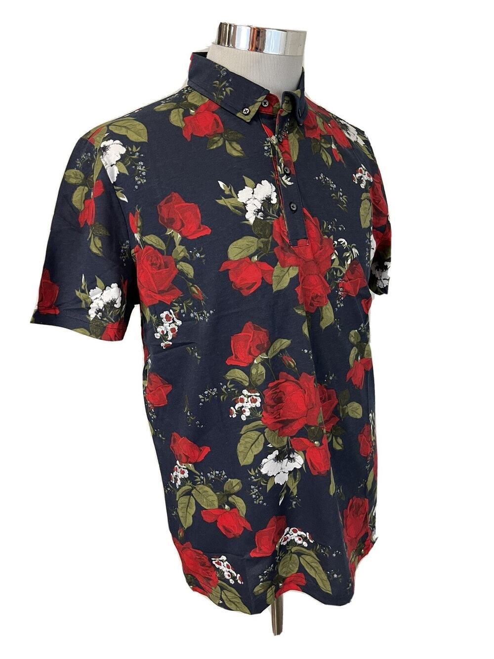 GUIDE LONDON Shirt Mens Large Floral Button Up Hawaiian Red Blue N27